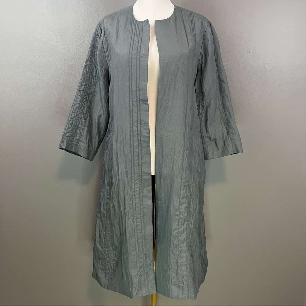 NWT Eileen Fisher Silver Grey 100% Silk Embroidered Open Jacket Size Small